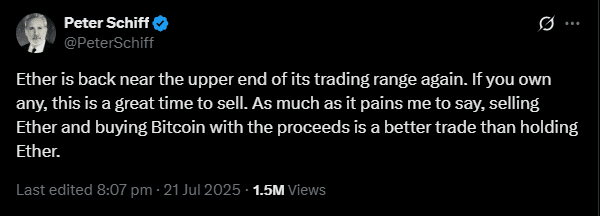 &lsquo;Sell Ethereum, buy Bitcoin&rsquo; &ndash; Will Peter Schiff be right this time?