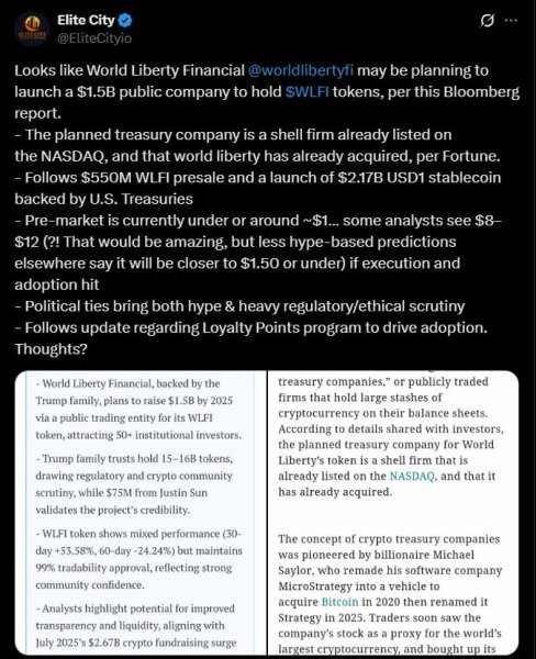 Trump-backed WLFI aims for Nasdaq debut with $1.5B token treasury