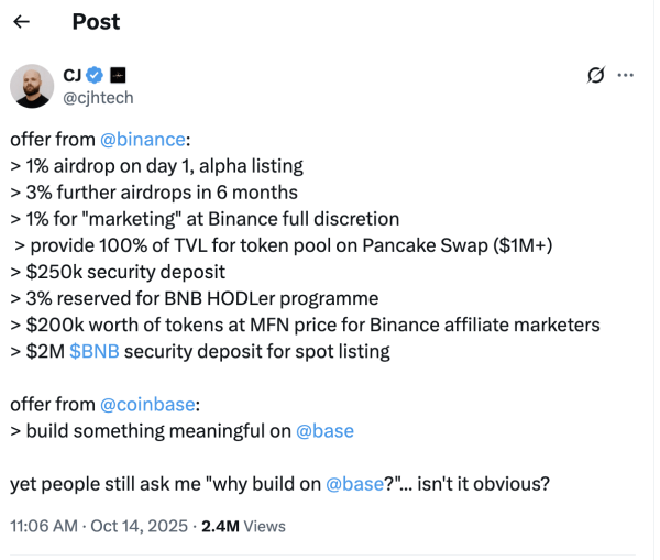 CZ defends Binance listing model after viral post accuses exchange
