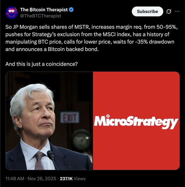 Bitcoiners accuse JPMorgan of rigging the game against Strategy, DATs