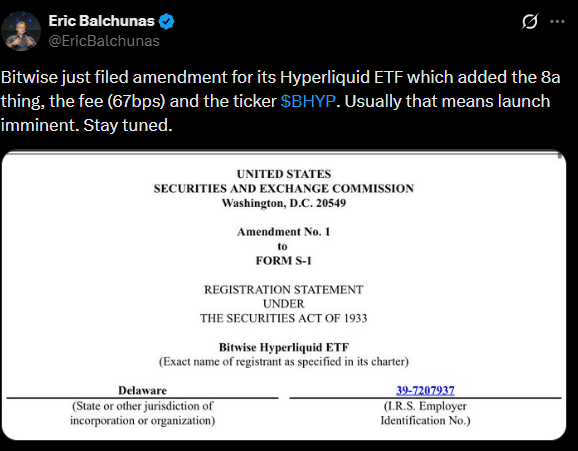 Bitwise updates HYPE ETF filing &ndash; Will the &lsquo;imminent&rsquo; launch keep price above $20?