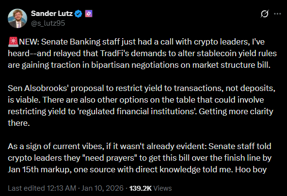 &lsquo;Let crypto bill die&rsquo; &ndash; Crypto VC cites stablecoin yields as red line&nbsp;